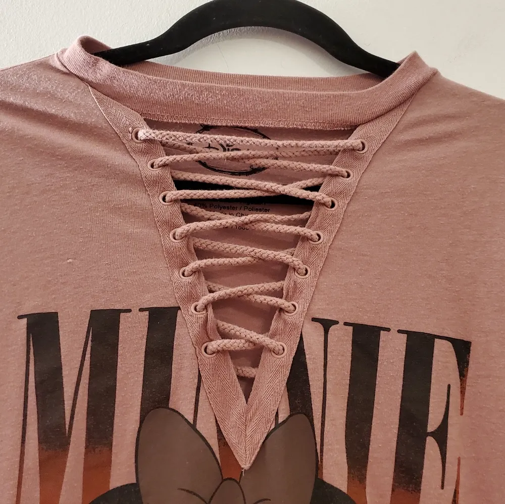 Disney Minnie Mouse Pink Lace Up Graphic T Shirt M - Image 6