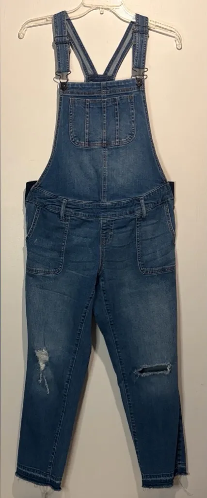 Indigo Blue- Maternity Side Panels Distressed Straight Skinny Leg Overalls- M - Image 1