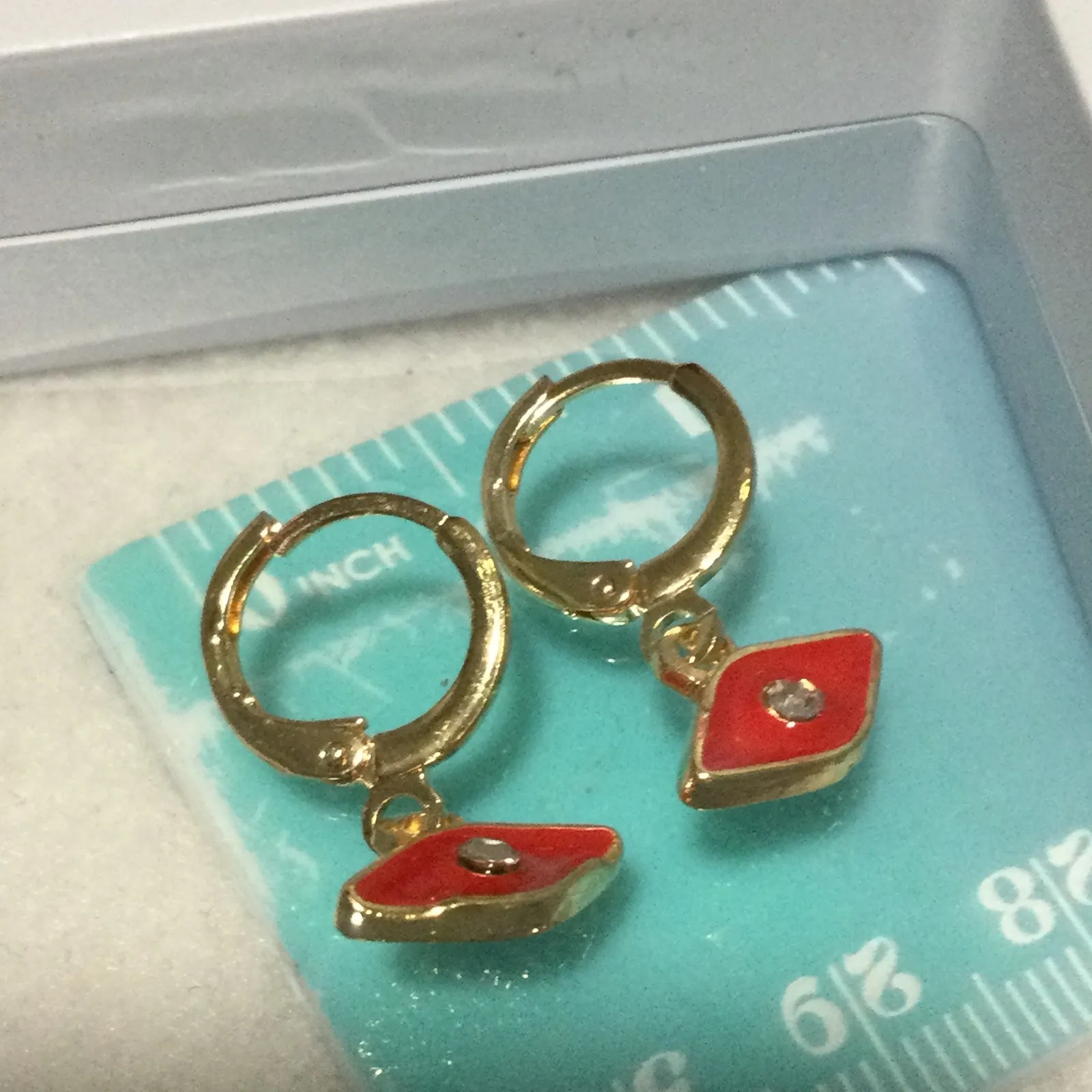 Laminated Gold Red Eye Earrings Gold Tone Huggie Hoop Diamond Accent DangleCharm - Image 3