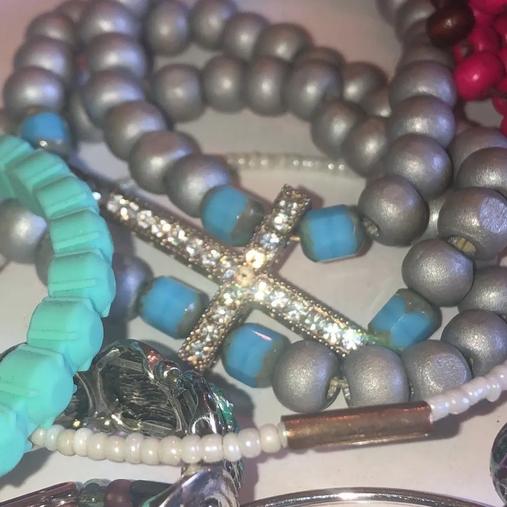 Lot of 10 Multi Color Purple Glass Beaded CZ Rhinestone Boho Stretchy Bracelets - Image 10