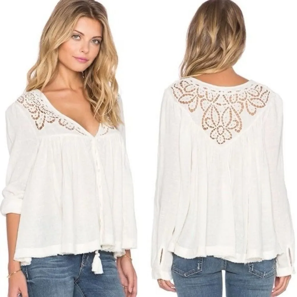 Free People Doin It Right Boho Blouse Ivory, size M - Image 2
