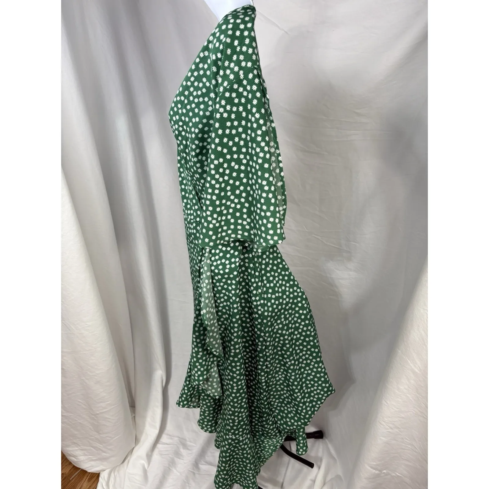 Green Floral‎ Wrap Midi Dress Ruffle Hem Short Sleeve Cotton Blend Women's XL - Image 3