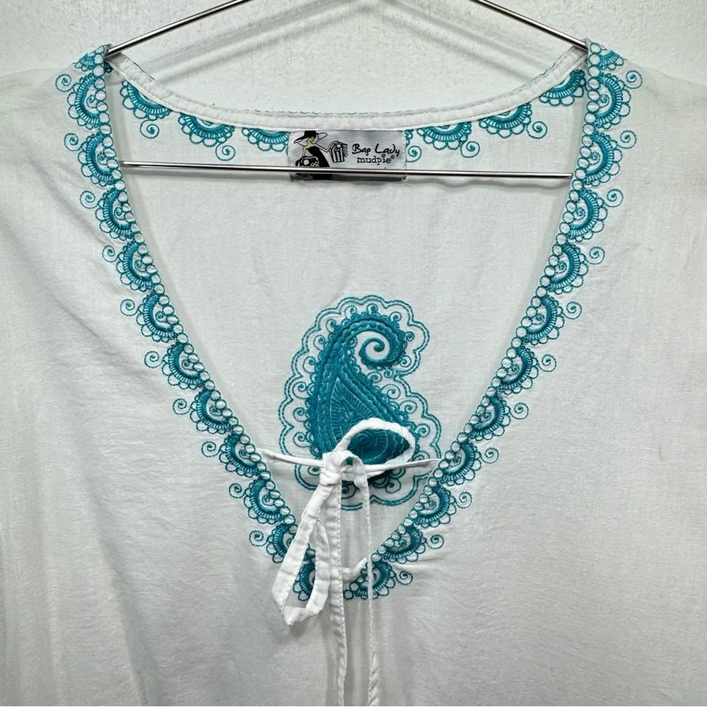 Bag Lady Mudpie White Tunic Swimsuit Cover Up Teal Embroidered Paisley Floral Size M - Image 4