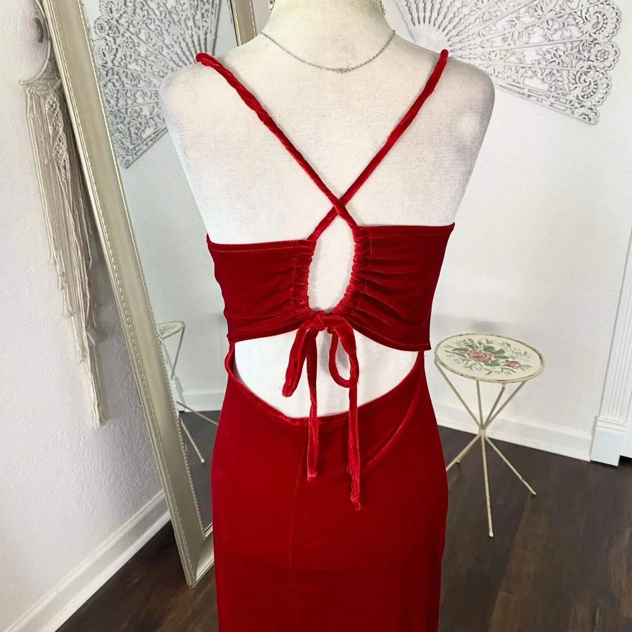 Vintage 90s Blood Red Velvet Silver Glitter Floral Embellished Maxi Prom Dress M Size M - Image 5