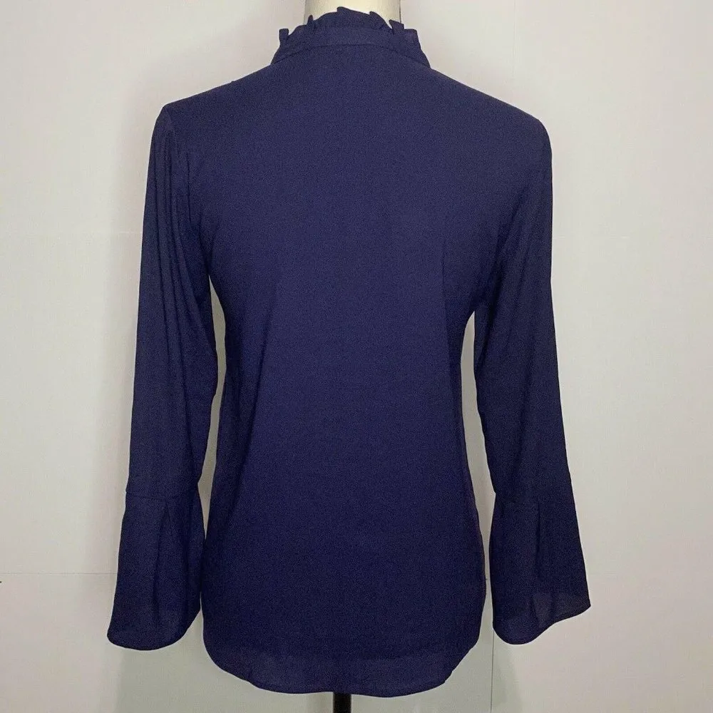 Ann Taylor Petite XXSP Tie Neck Blouse Long Sleeve Navy Bell Sleeve - Image 6