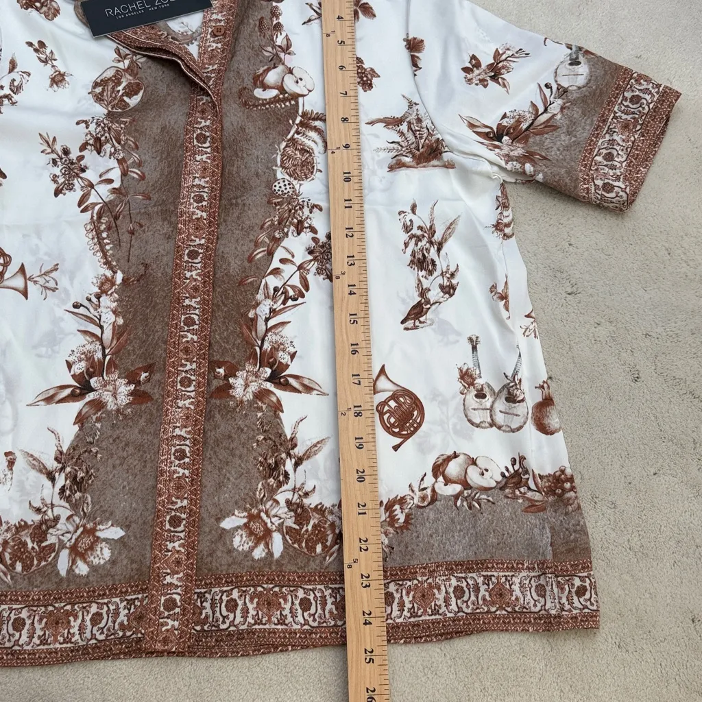 Rachel Zoe Satin Short Sleeve Button Down Collared Blouse Shirt Boho Brown Small - Image 9