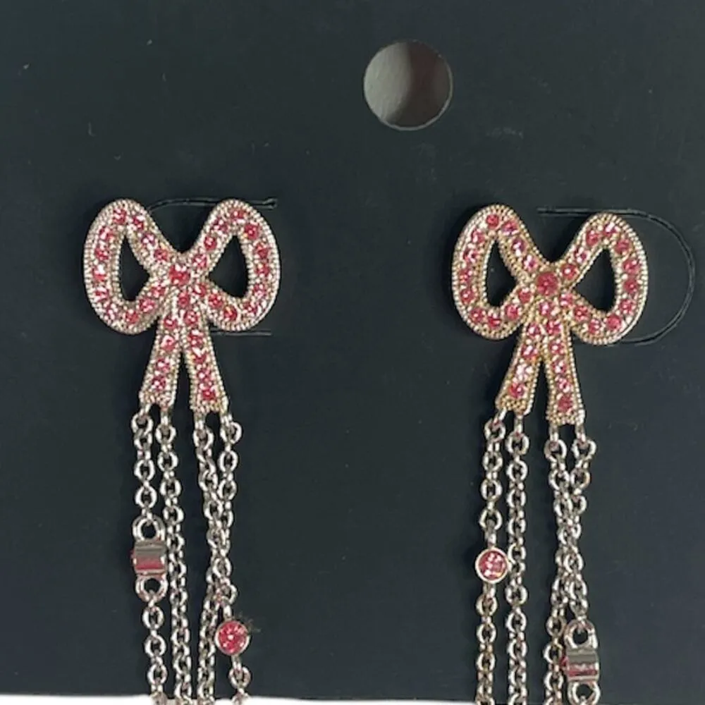 Coach Antique Bow Pave Dangling Chain Earrings, Silver Tone, Pink - Image 2