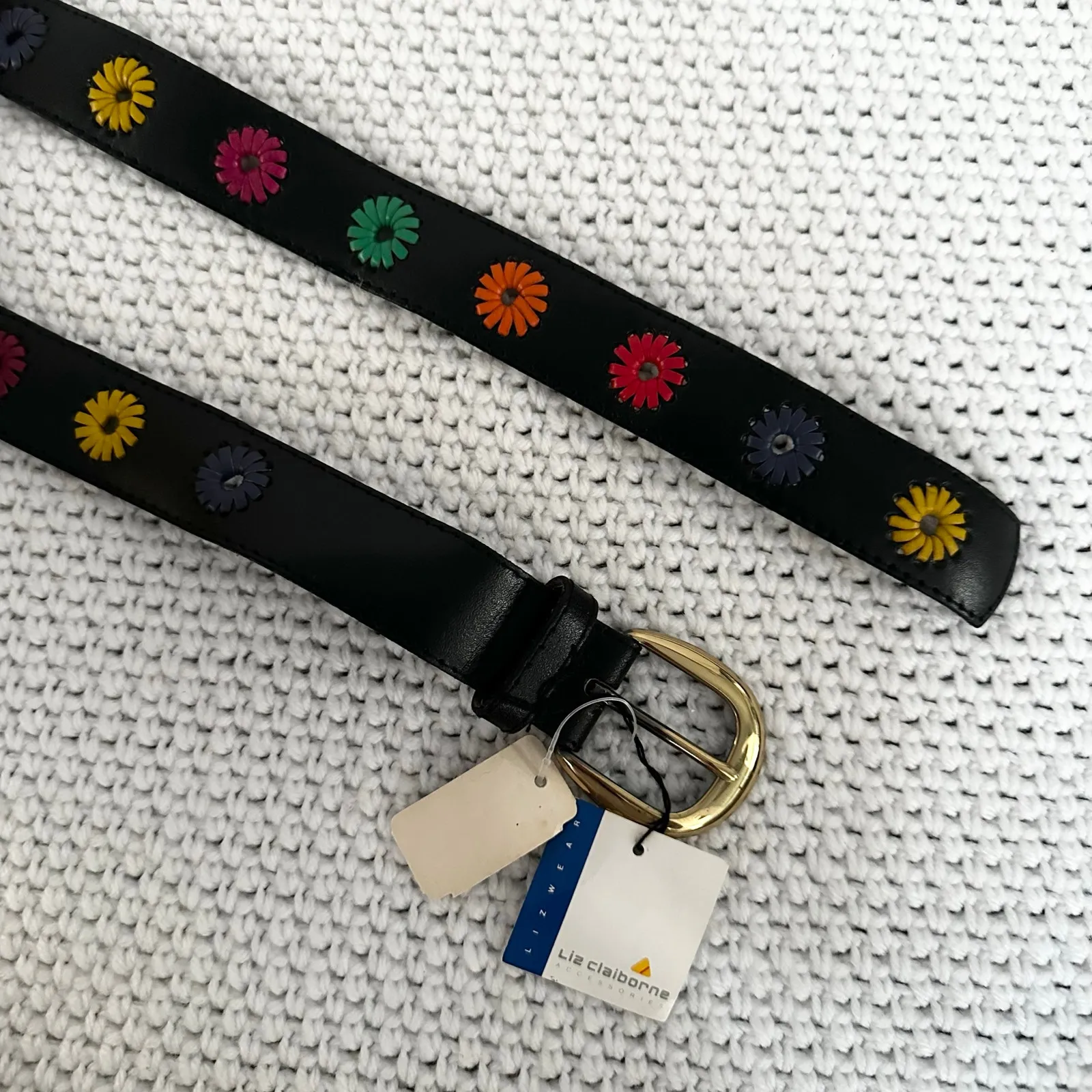 Liz Claiborne Vintage Deadstock Slim Black Leather Belt Starburst Floral New Lrg - Image 5