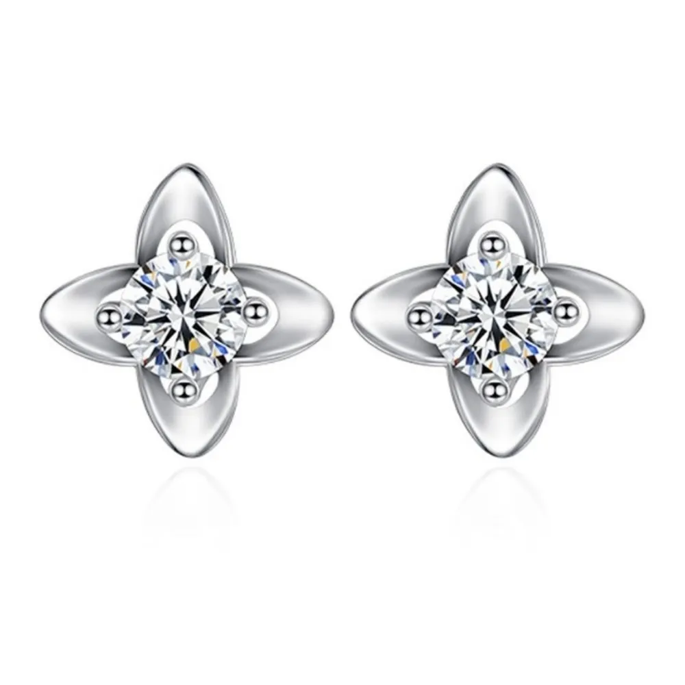 NEW 925 Sterling Silver Clover‎ Diamond Stud Earrings - Image 2