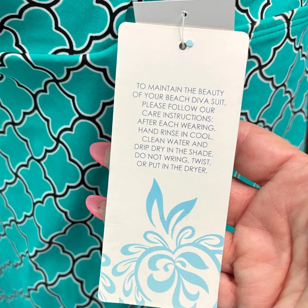 Beach Diva Teal Geometric Halter Tankini Top Blue Size 10 - Image 11