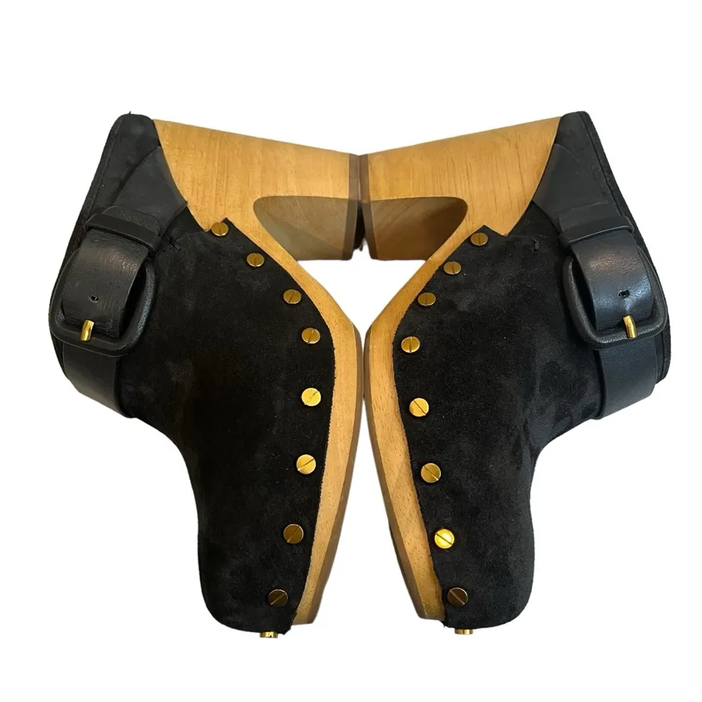 NWOT, Veronica Beard Dacey Black Suede Wooden Platform Clog, Gold Studs, Sz 6.5 - Image 13