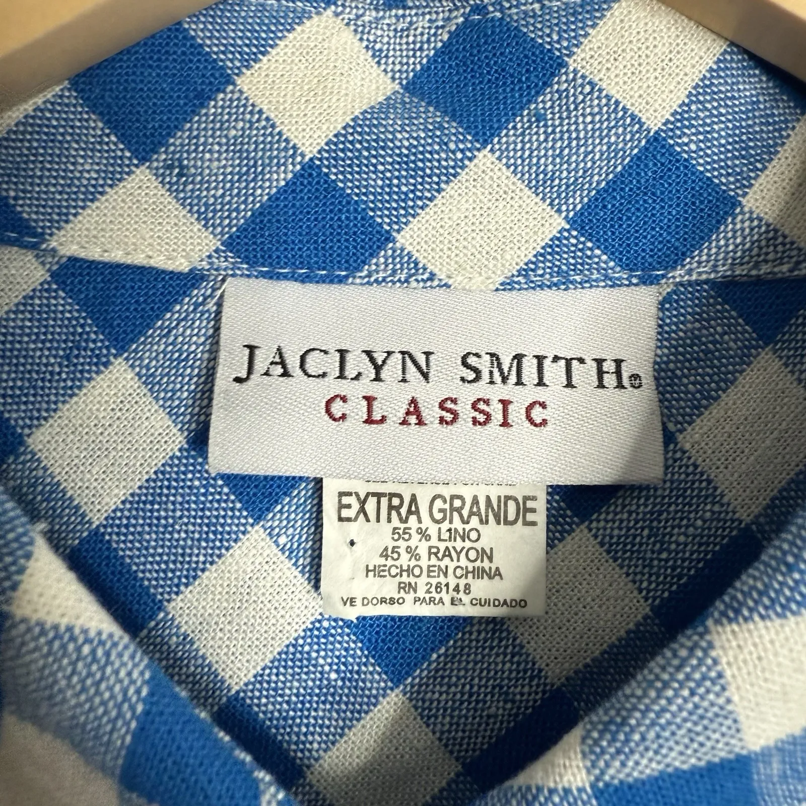 Jaclyn Smith Linen Rayon Blend Plaid Check Tunic Pull Tab Sleeves Blue White XL - Image 3