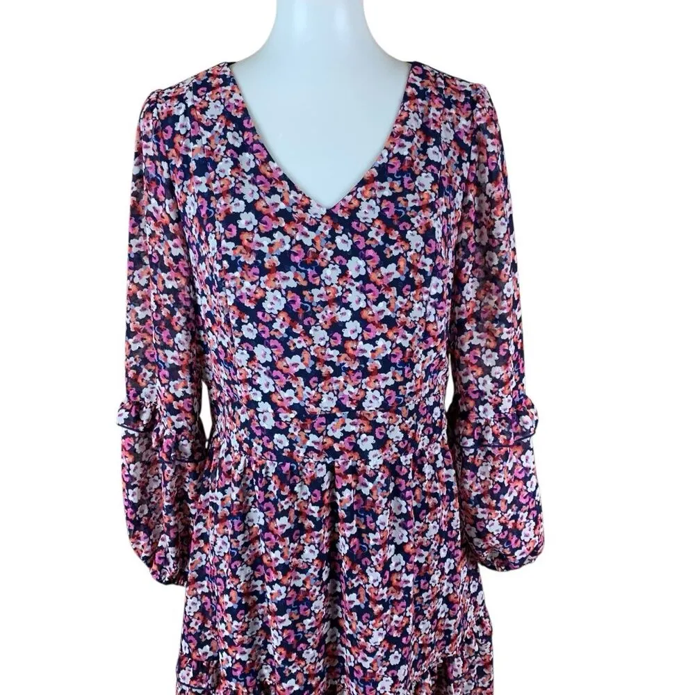 Leslie Fay Floral Ruffle Hem Dress 8 Long Sleeve Boho Spring Garden Party - Image 2