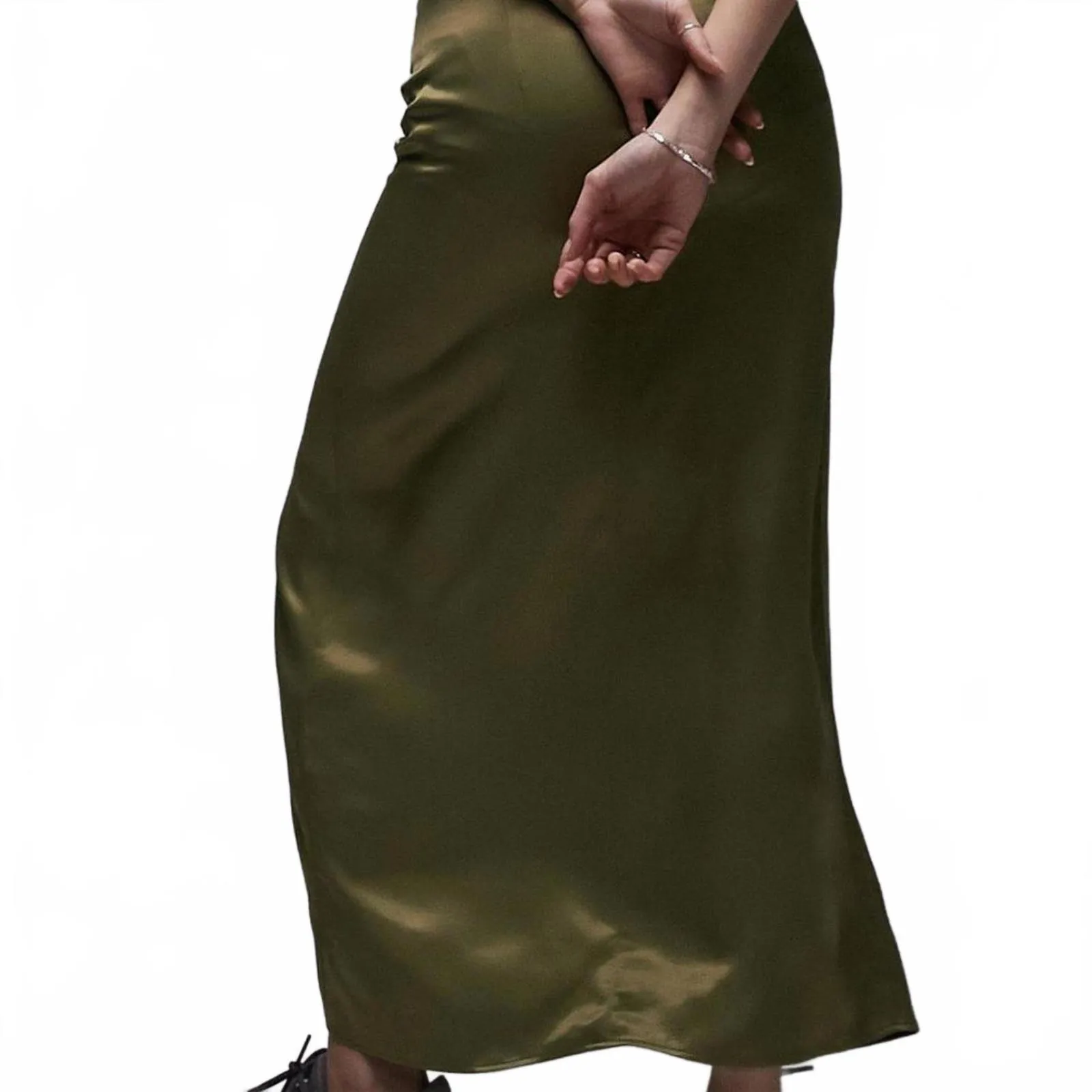 Topshop Ruched Front Vent Satin Maxi Skirt Sarong Skirt NWT Green Size 2 - Image 2