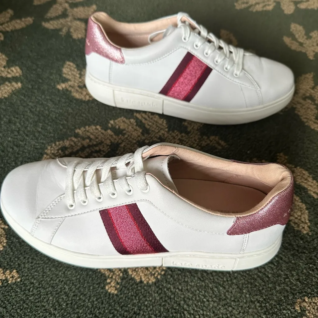 Kate Spade White and Burgundy Women's Sneakers size 10B - Image 6