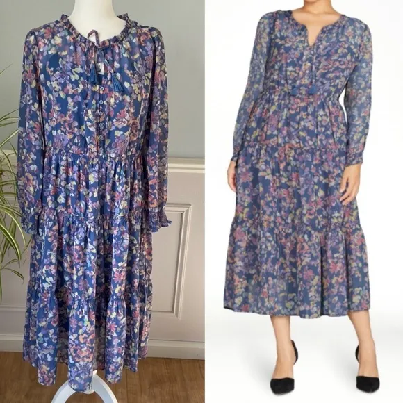 BeachLunchLounge Collection Long Sleeve Tiered 2-Piece Midi Dress Size M Boho - Image 2