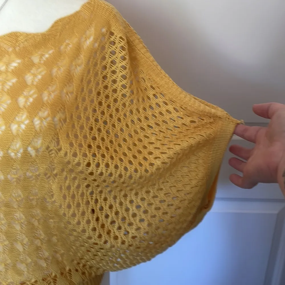 Handmade Open Knit Batwing Pullover Sweater Medium Yellow - Image 3