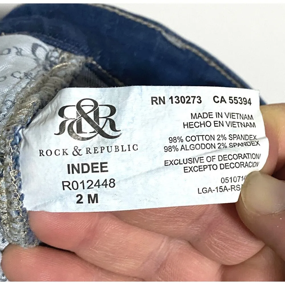Rock & Republic Indee Jeans Distressed Ripped Blue Denim Womens 2 Stretch - Image 7