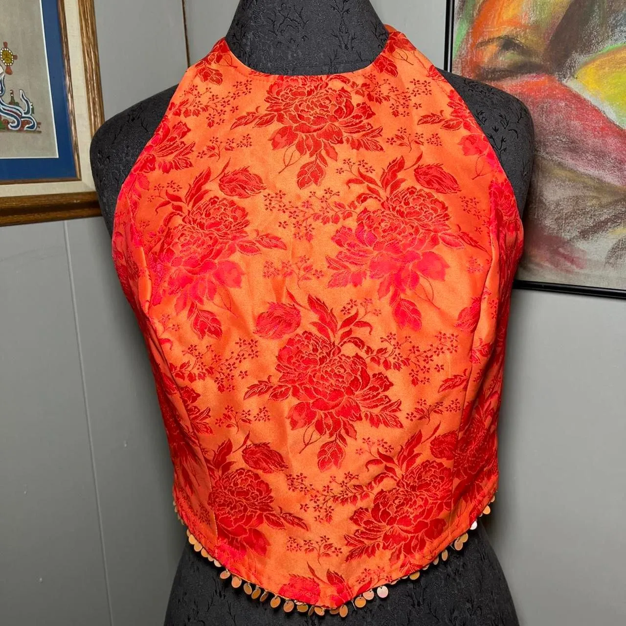 Jessica McClintock Gunne Sax Floral Vibrant Halter Top Open Back Crop Size 9 Orange - Image 4