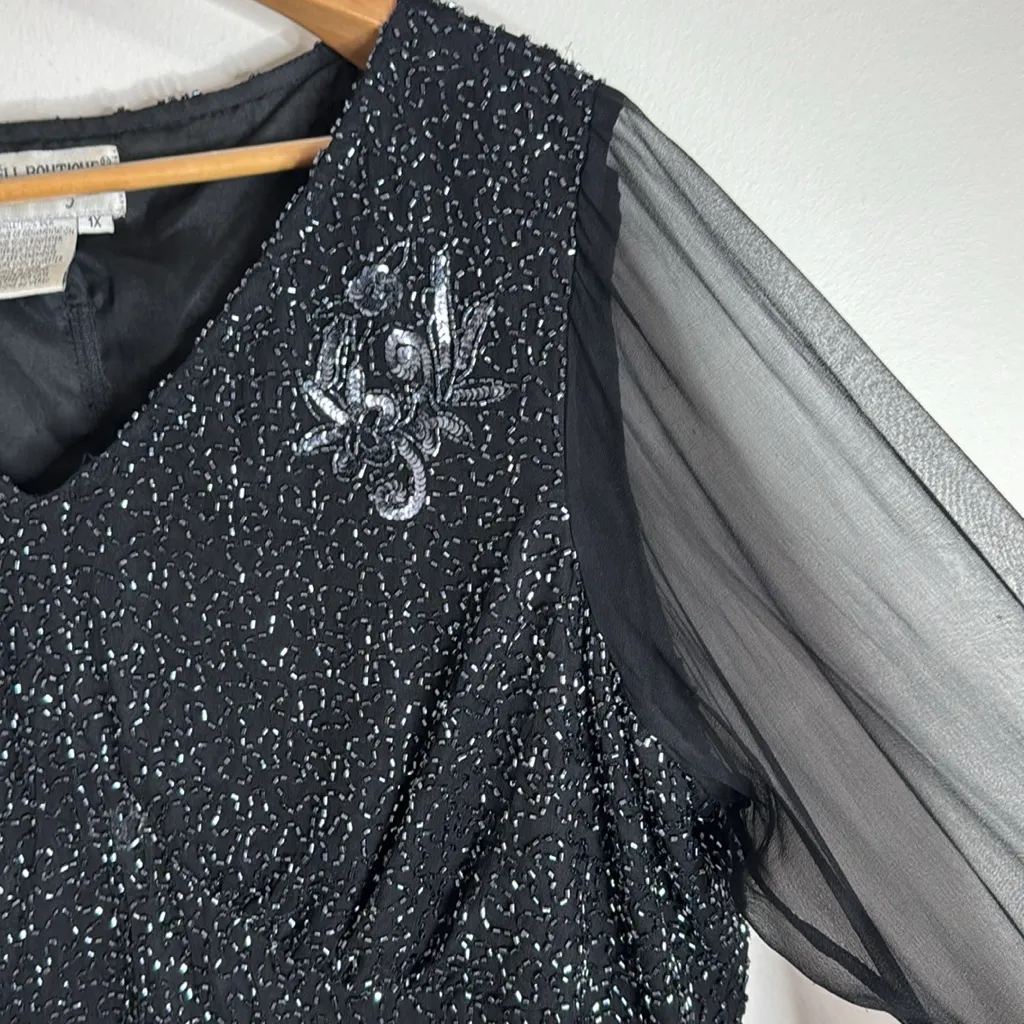 Pappell Boutique Evening Vintage Black Sequin Beaded Sheer Bell Sleeve Blouse 1X - Image 6