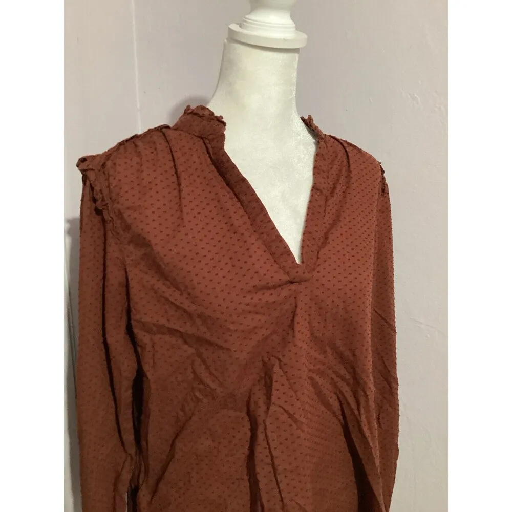 J. Crew Rust Orange Swiss Dot Long Sleeve Pullover Blouse Ruffle Collar S - Image 3