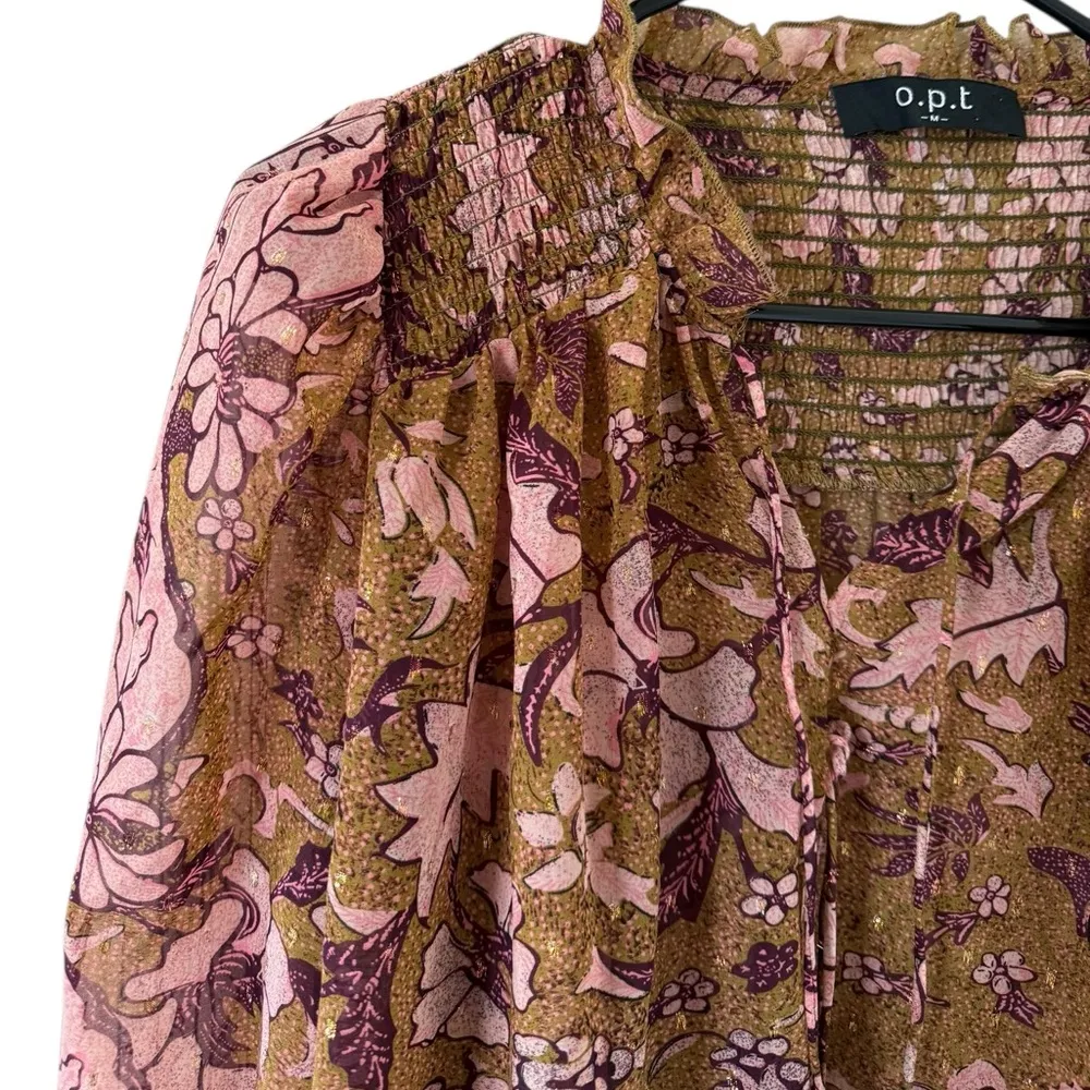 Tuckernuck O.P.T Tie Neck Floral Blouse Yellow Size M - Image 6