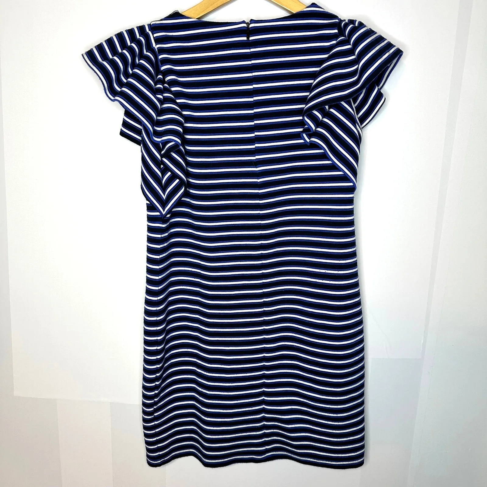 Seed Heritage XS Blue Black Stripe Ruffle‎ Sleeve Shift Stretchy Women's Dress - Image 4