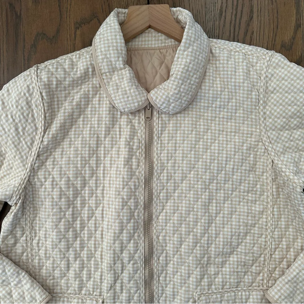 Vintage Bill Blass Gingham Reversible Quilted Chore Coat Beige and White Large - Image 2