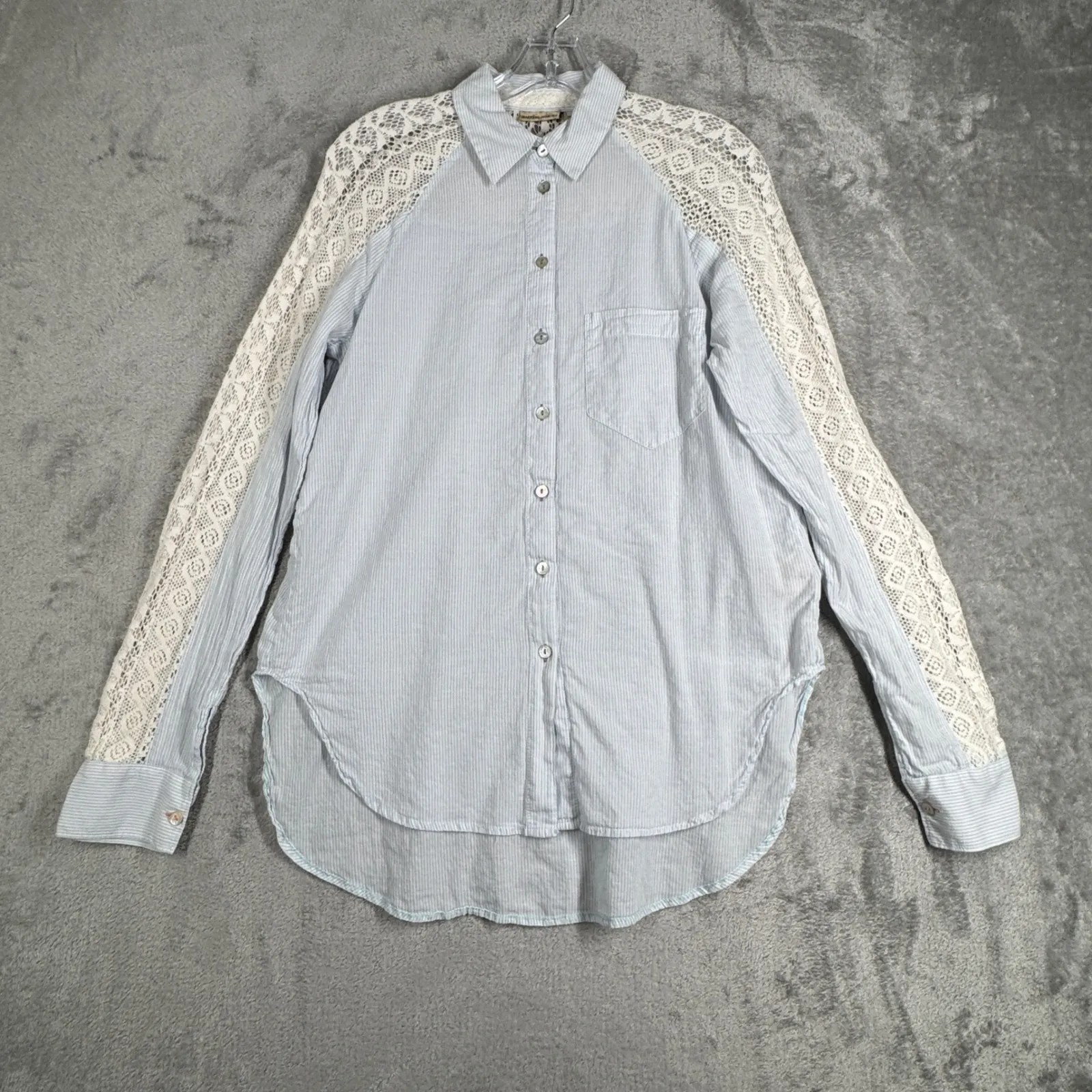 Holding Horses‎ Shirt Womens Small Blue White Striped Crochet Button Down Top - Image 2