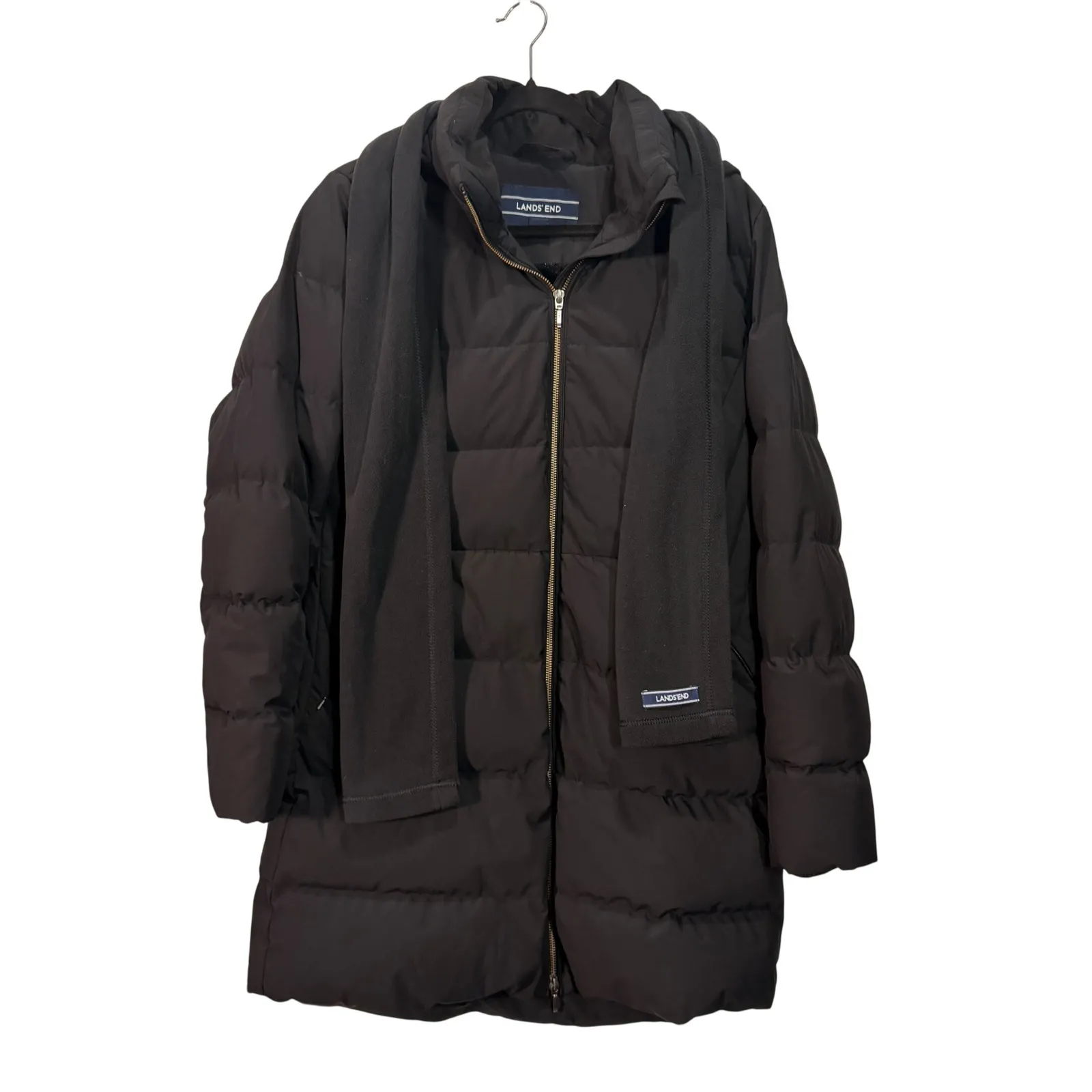 Lands End Black Down Puffer Coat Parka Midi Length Hooded Scarf Size M snow - Image 2