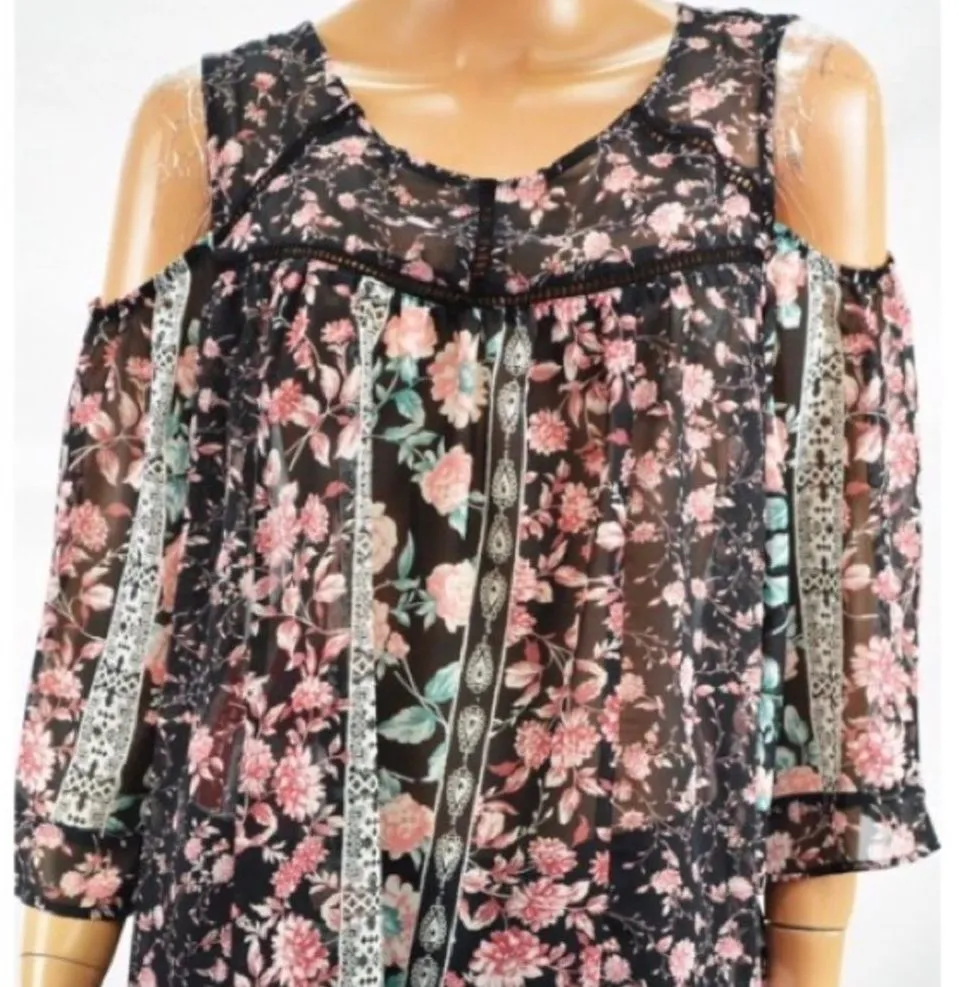 NY Collection Women's 3/4 Sleeve Floral Cold Shoulder Blouse Large - Image 1