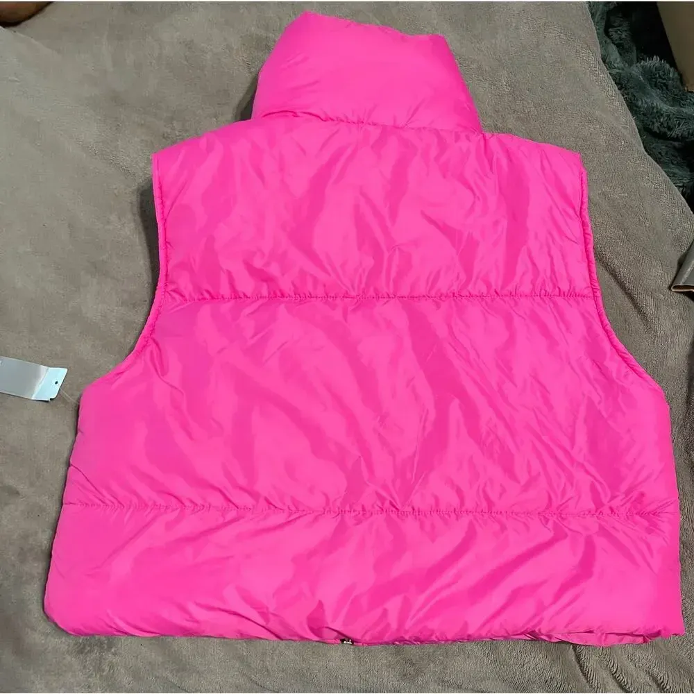 NWT Bright Pink Vest Puffer Cropped Croquet Knit Flowers Zip One Size‎ Preppy Size M - Image 5