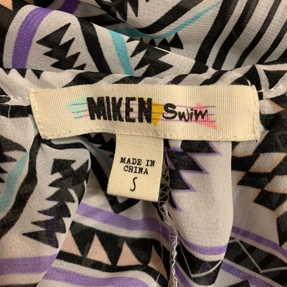 Miken Swim Womens Small Aztec Print Beach Cover Up Geometric Pattern Boho Summer Black - Image 3