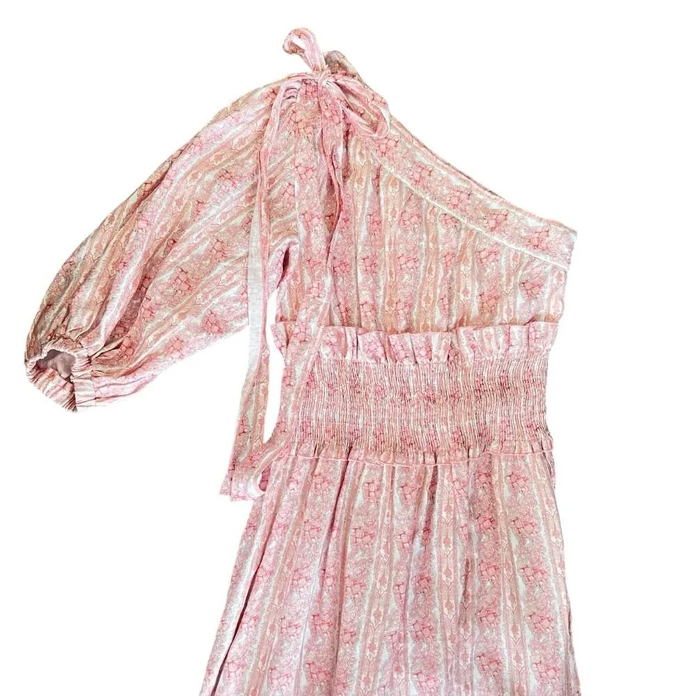 Lug Von Siga Women’s Glory One Shoulder Puff Sleeve Pink Floral Linen Midi Dress Size undefined - Image 3