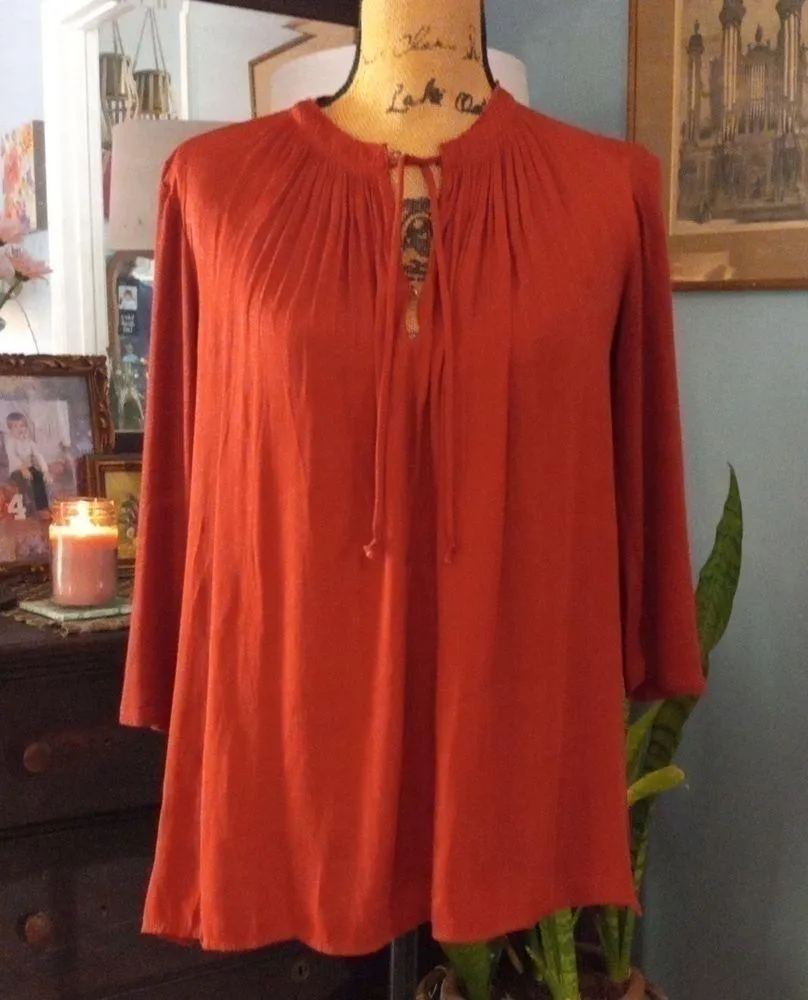 Anthropologie Dolan Left Coast Rust Red Shirred Bohemian Mixed Media Blouse - Image 2