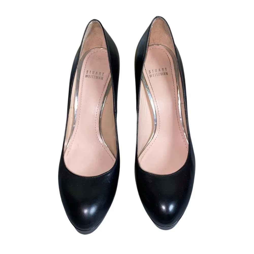 Stuart Weitzman Black Leather Almond Toe Stiletto Platform High Heels - Image 5