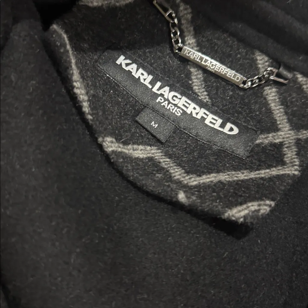 NWT KARL LAGERFELD PARIS Women Wool Blend Black Logo All Over Coat Oversize M - Image 7