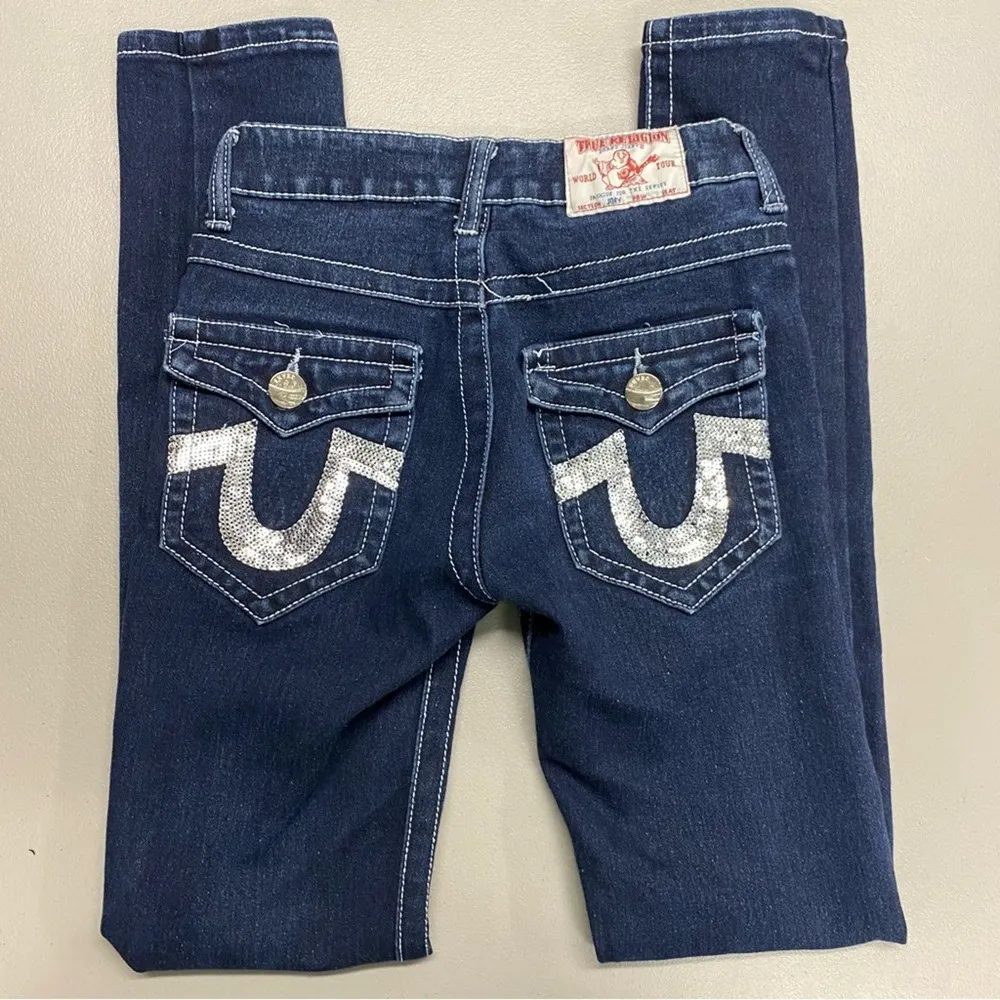 True Religion Jeans Dark Wash Skinny Denim Joey Sequin Logo Pockets Size 25 - Image 3
