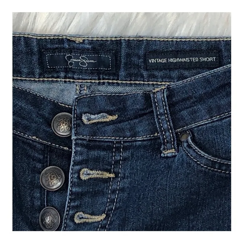 Jessica Simpson High Waist Vintage Denim Shorts Dark Wash Button Fly Size 27 - Image 7