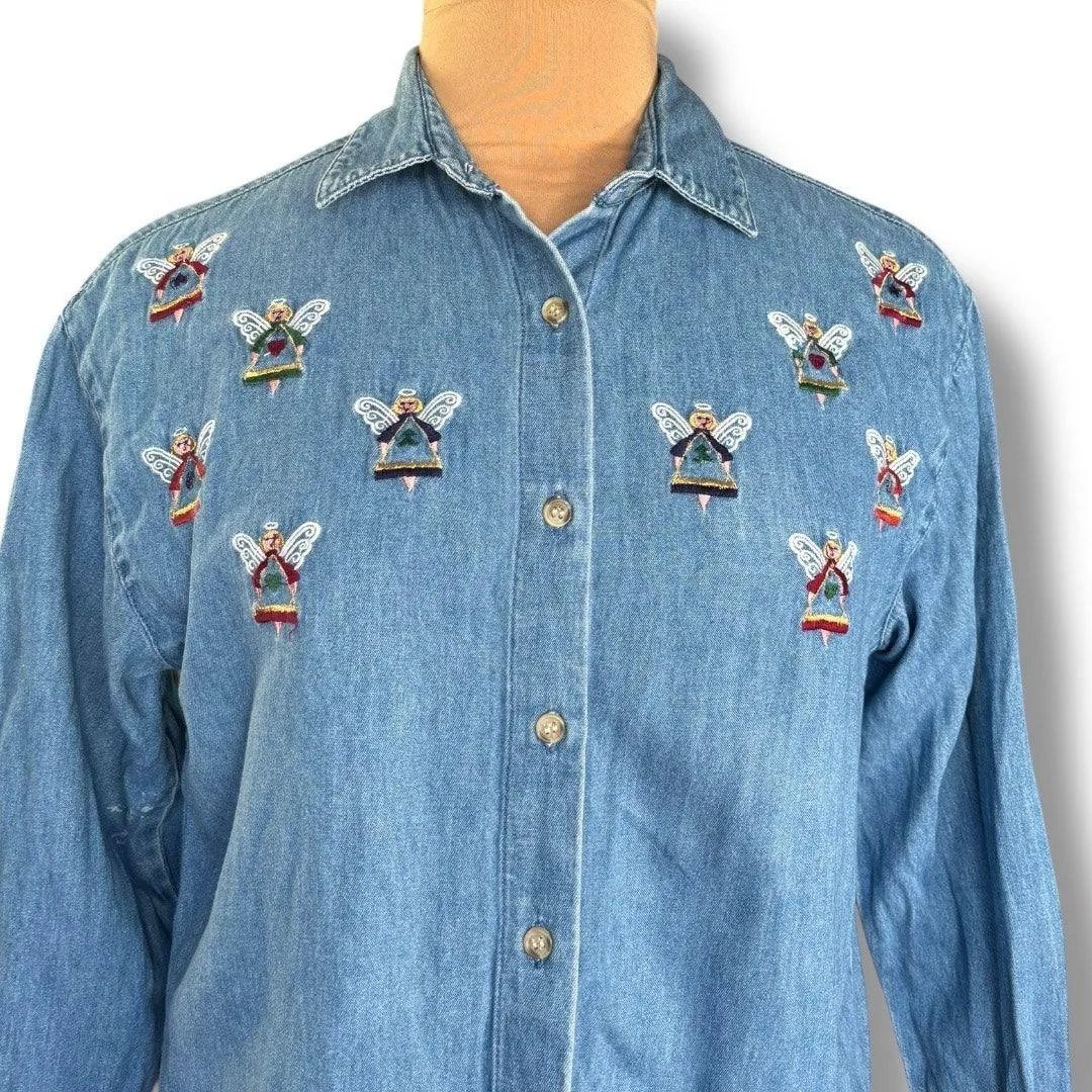 90s Chambray Denim Shirt Folk Art Embroidered Festive Angels Christmas Top Med Blue - Image 9