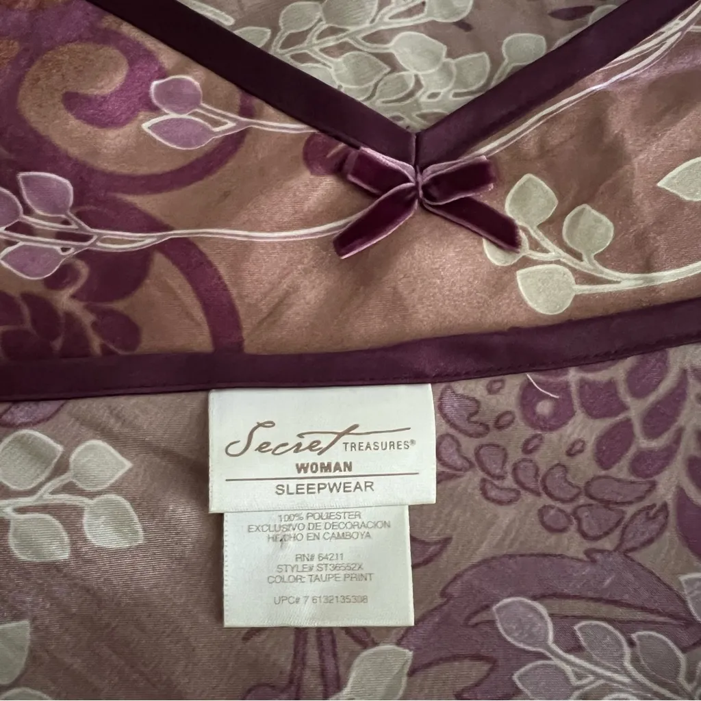 Secret Treasures Purple Floral Satin Slip Dress Sleepwear Velvet Straps & Bow 2x - Image 3