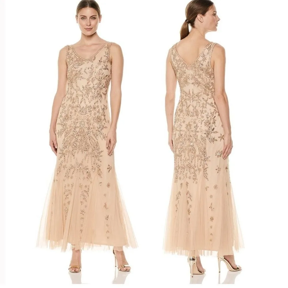 Pisarro Nights Nights Blush Beige Beaded Sequin Gown Dress 10 Tan - Image 2