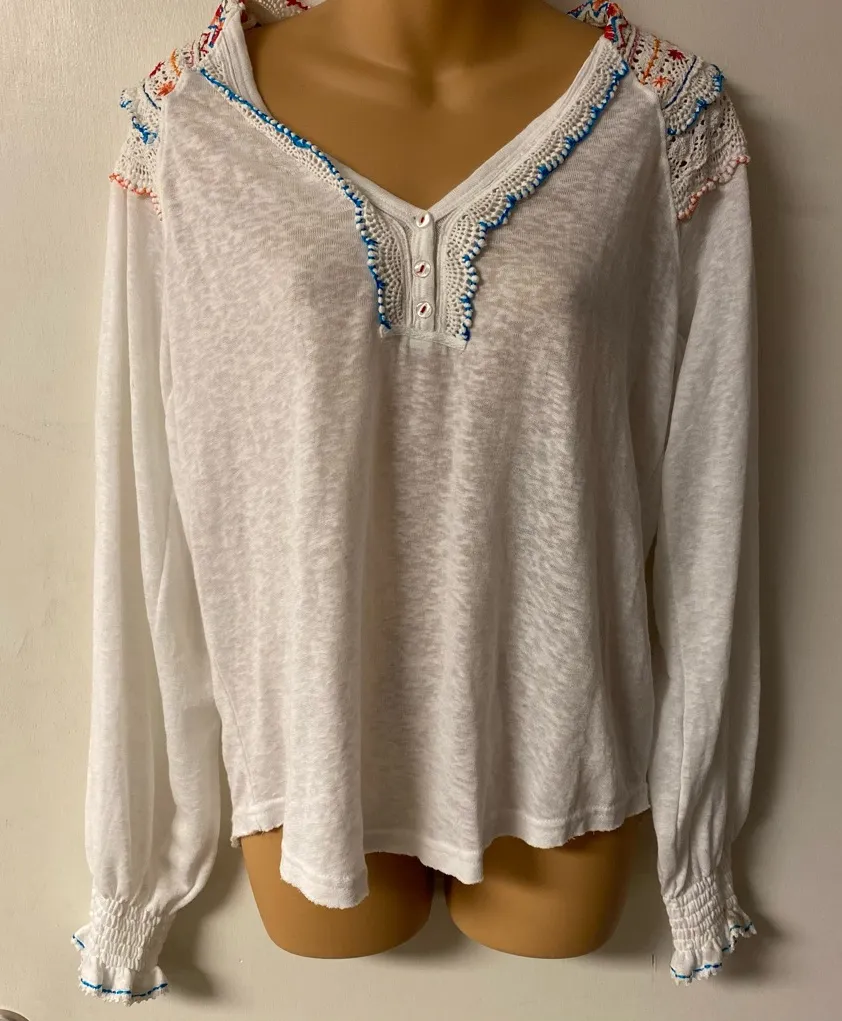 Free People Prairie White Embroidered Boho Peasant Top Womens XS - Image 1