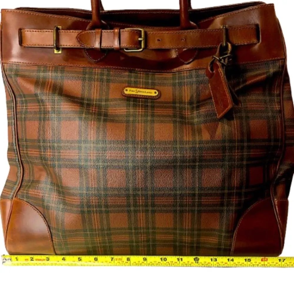 RALPH LAUREN Tartan Plaid Brown Green Doctor Bag Boston Weekend Travel Bag - Image 14
