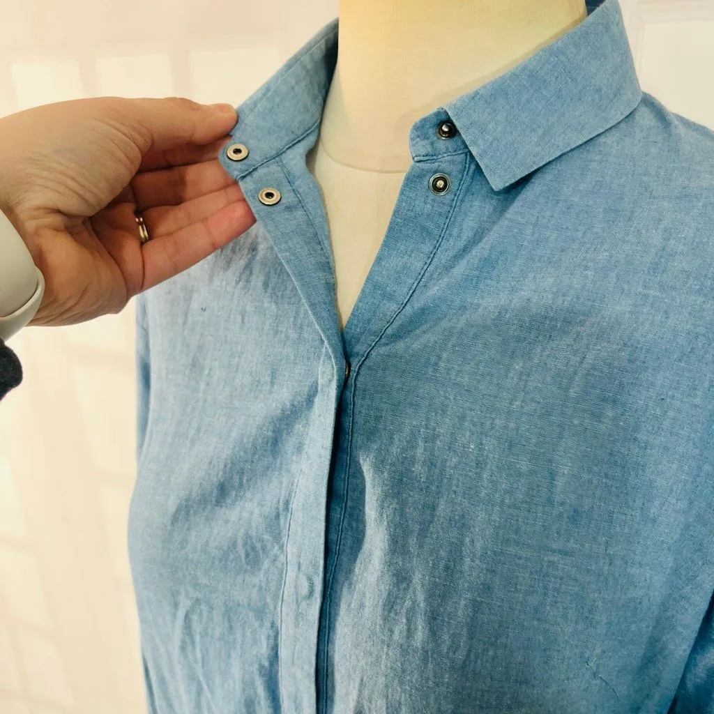 Akris Punto Blue Chambray Belted Collared 3/4 Sleeve Cotton Shirt Dress Size 8 - Image 5