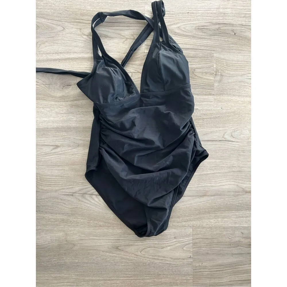 NEW 1 Pc Swimsuit Tummy Control V Neck Double Straps Crisscross L 12/14 - Image 3