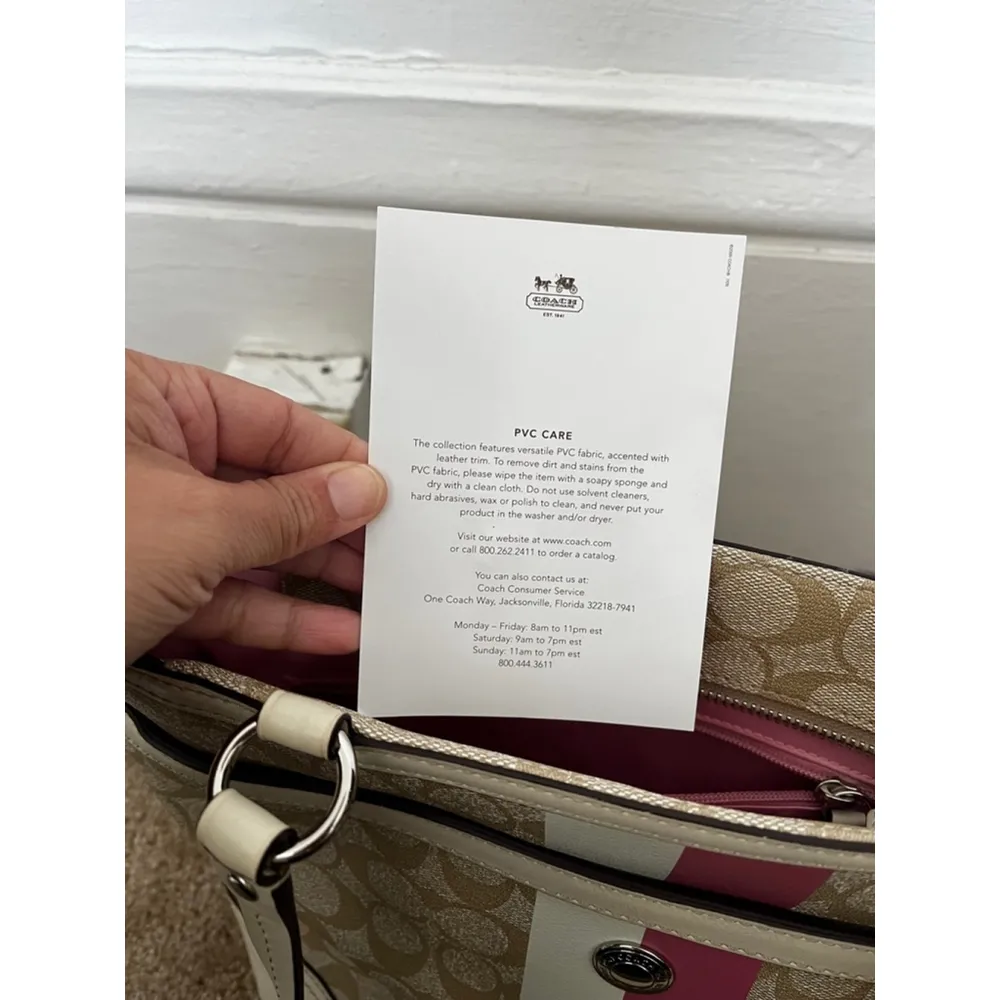 Coach Chelsea Leather Signature Heritage Logo Stripe Pink Beige Tote Bag - Image 13