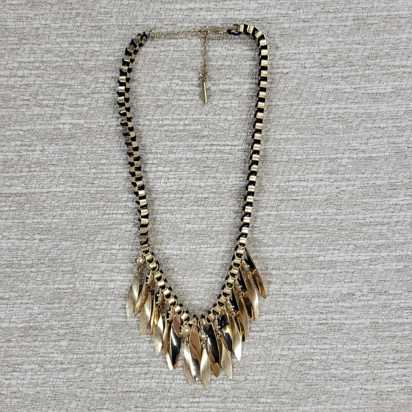 Kenneth Cole Gold Tone Blue Gem Statement Necklace Dangling Leaf Shaped Chain - Image 9
