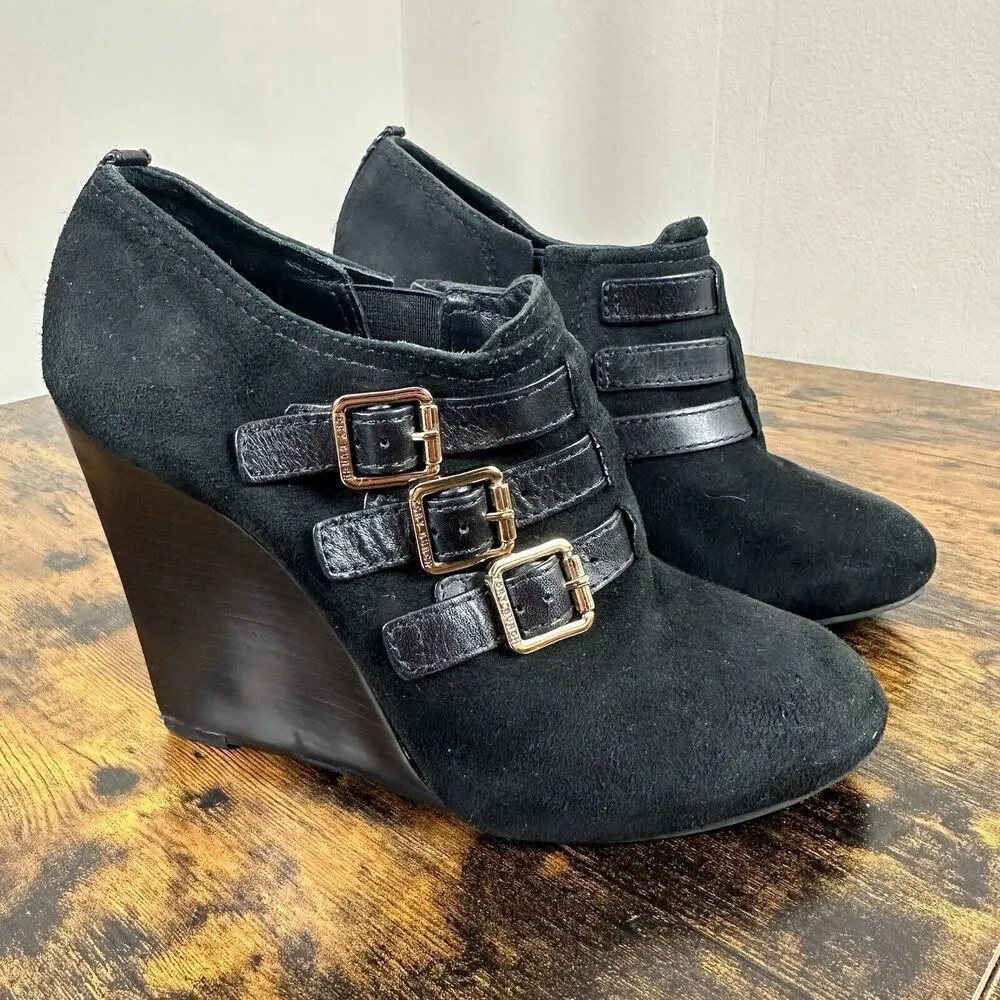Tory Burch Gabrielle Buckle Suede Black‎ Wedge Booties Size 6 - Image 2