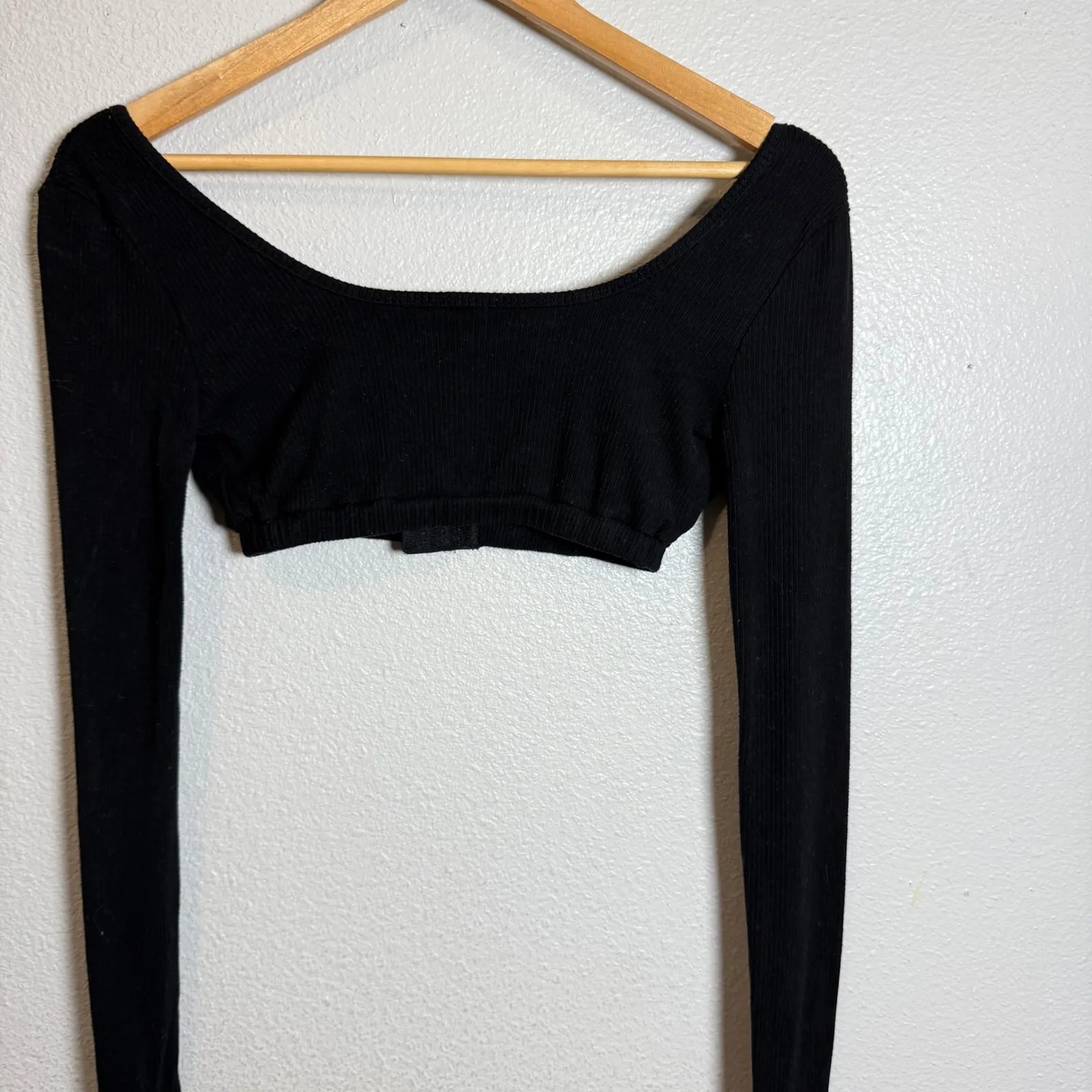 Edikted Black Ribbed Long Sleeve Crop Top Square Neck Button Front XS - Image 7